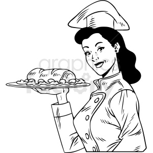 clipart - black white vintage female chef holding dinner vector clipart.