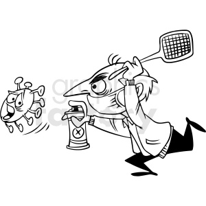 clipart - black and white man chasing virus vector clipart.