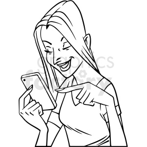 clipart - black and white woman watching social media vector clipart.