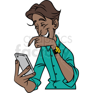latino man laughing at his phone vector clipart .