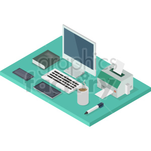isometric office desk vector icon clipart .