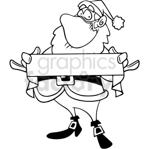 clipart - black and white Santa wearing mask holding blank sign vector clipart.