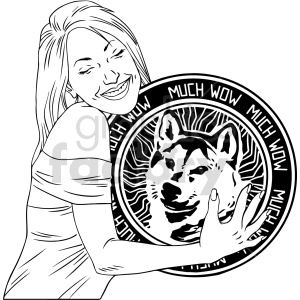 dogecoin currency crypto lady happy dog black+white woman cartoon coin digital Shiba+Inu
