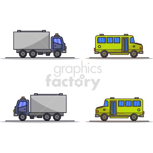 buses and trucks vector graphic set clipart.