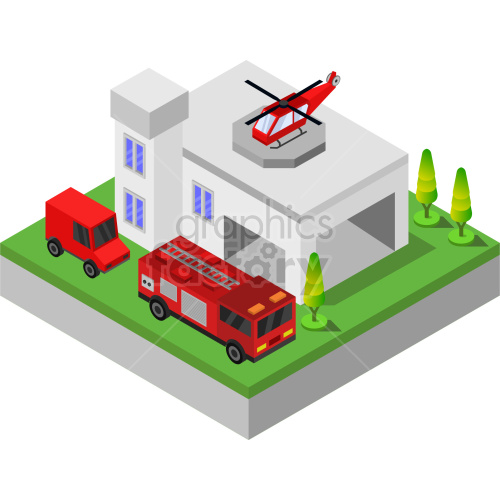 isometric fire station flat vector clipart .