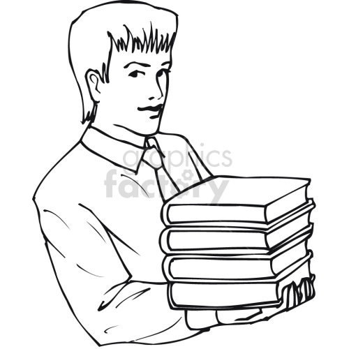 guy holding stack of books black white