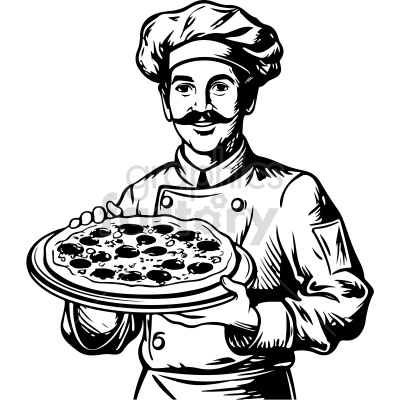 black and white pizza chef vector clip art