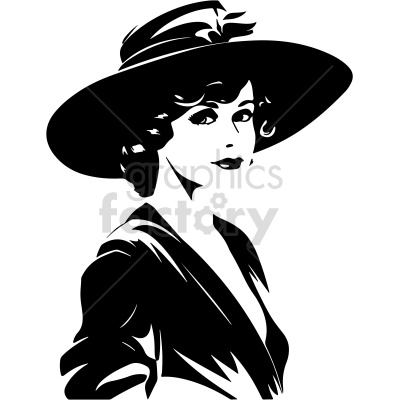 black and white vintage woman wearing large hat silhouette vector clip art
