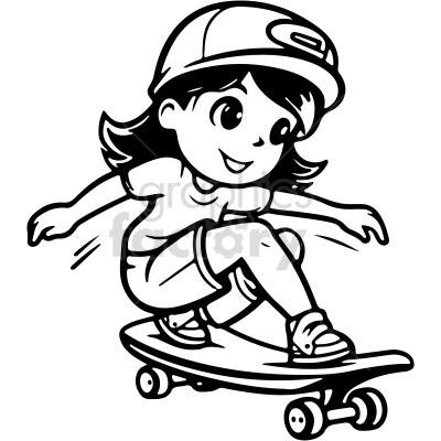 black and white girl riding skateboard cartoon vector clip art
