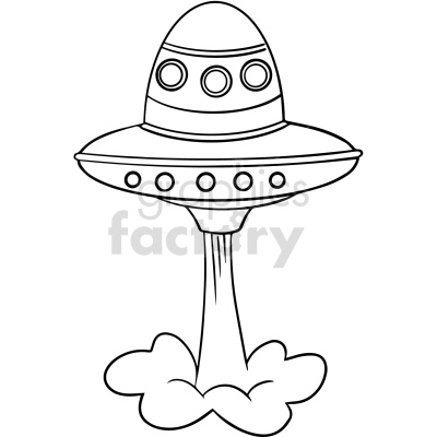 The image is a black and white line art drawing of a classic flying saucer-type UFO. The UFO has a domed top with several circular windows or lights, a broader lower section with more lights or windows around the edge, and it's depicted as hovering with a beam supporting it from the bottom, which dissipates into stylized clouds or vapor, suggesting propulsion or landing. The style is reminiscent of what you might see in a coloring book, suitable for children to fill in with colors.