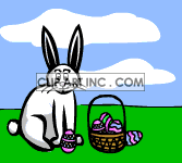   Easter bunny happy basket eggs egg  bunny002.gif blue Animations 2D Holidays Easter sky green grass handled white