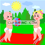 Two babies at the park in their diapers throwing a ball back and forth animation. Commercial use animation # 120945