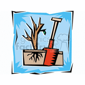 clipart - Red Shovel Digging into the Ground By a Tree Root.