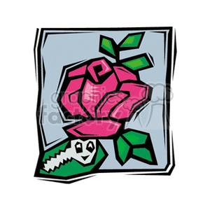 This clipart image contains a stylized illustration of a single pink rose with green leaves. There is also a cartoonish green worm with white eyes peeking out from one side of the rose.