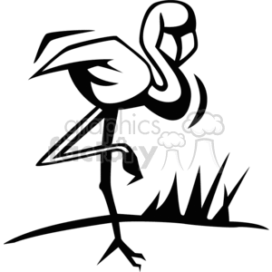Black and white image of flamingo standing on one leg clipart.