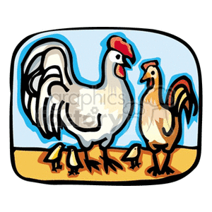 Pair of chickens with baby chicks clipart.