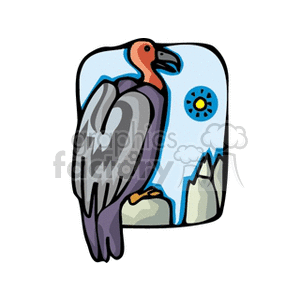 Vulture perched on rocks with the sun and a blue sky in background clipart.