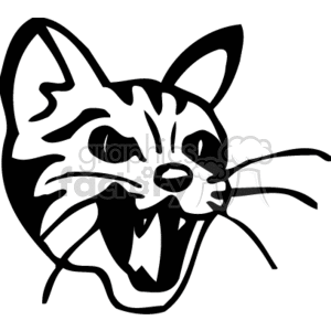 clipart - Black and white, close up of angry kitten with open mouth.