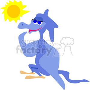 The image is a simplistic and whimsical clipart drawing of a blue dinosaur. The dinosaur has a large head, a long neck, and a smug expression, seemingly enjoying the sunshine, which is represented by a simple yellow sun with rays in the top corner. The dinosaur is standing in a relaxed pose with one hand on its hip, and its tail and feet are clearly visible.