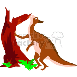 This clipart image features a brown dinosaur standing upright, leaning against a tree trunk. The dinosaur appears to be depicted in a cartoonish, whimsical style and is placed against a white background. There are also small green plants at the base of the tree.
