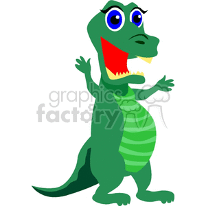 The image displays a cartoon dinosaur that resembles a Tyrannosaurus Rex (T-Rex). It is depicted in a stylized, friendly and amusing manner with an exaggerated smile and large, blue eyes with visible eyelashes. The dinosaur is green with darker green stripes on its belly and an open mouth showing teeth and a red tongue. It stands upright on two legs and has two small arms raised as if gesturing or waving.
