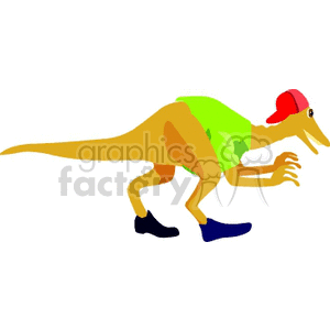 The clipart image features a colorful, stylized cartoon dinosaur. This dinosaur has a green body, yellow limbs and tail, blue feet resembling shoes, and is wearing a red baseball cap backward on its head. The dinosaur is depicted in a dynamic running pose.