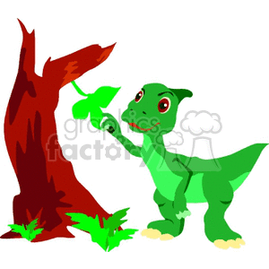 This clipart image features a cartoon of a green baby dinosaur standing on two legs and smiling, holding a small leaf in its hand. The dinosaur is next to a brown tree trunk with some foliage at its base.