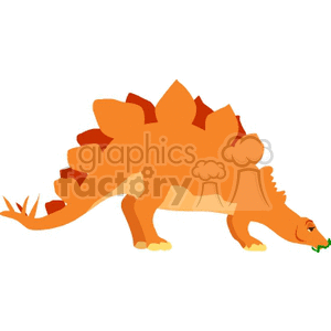 You've provided an image of an orange cartoon dinosaur. This dinosaur has large spiky plates along its back and a tail with pointed ends, which might suggest it's meant to represent a Stegosaurus. The style is simple and whimsical, appropriate for a light-hearted or child-friendly theme. It's grazing on green vegetation, indicating it's herbivorous. The image is a flat design with no gradients or shadows, often characteristic of clipart.