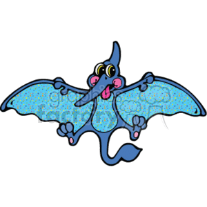 The clipart image shows a cartoonish blue-green pterodactyl dinosaur flying in the air. It has its wings spread open as if its mid-flight. It has its tongue sticking out, so it appears to be a jestful type of character. 