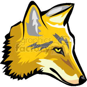 This image depicts the head of a Coyote. The fur is reddish-orange. The eyes are a yellow color. The image has a thick black outline to it