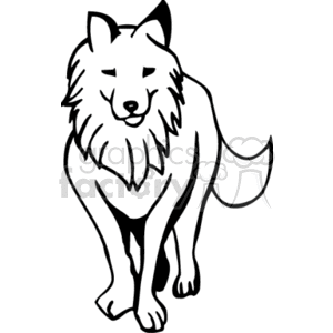 The image is a simple black and white clipart of a large, fluffy dog with a smiling expression. The dog appears to be standing, and it has a thick, shaggy coat with a pronounced ruff around the neck, indicative of a breed that could withstand colder climates.