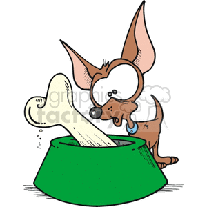 chihuahua surprised by the big bone in his bowl clipart. Commercial use image # 131852
