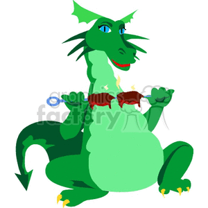 green dragon eating meat off a skewer  clipart.
