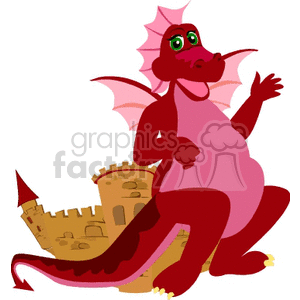 clipart - red and pink dragon beside a castle .
