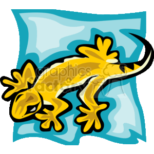 This is a stylized clipart image of a yellow and brown lizard. The lizard has a cartoonish appearance with prominent eyes and exaggerated feet. The background appears to be an abstract blue shape, possibly representing a leaf or water. It's a colorful and playful depiction of a lizard.