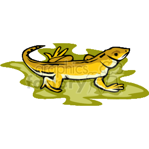 The image is a clipart representation of a lizard. The lizard is stylized with a simplified design, featuring coloration in tones of yellow and brown. It appears to be illustrated on a background that suggests some kind of natural, perhaps leafy, environment. This type of clipart is often used for educational materials, children's books, or as a graphic element in various design projects related to wildlife or nature themes.