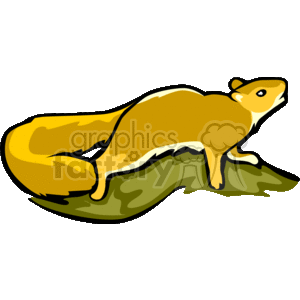 This clipart image illustrates a stylized depiction of a squirrel. The squirrel is colored in shades of yellow and brown and is positioned as if it's standing or hopping on green ground or foliage. The image has a cartoonish appearance and is characterized by simple, bold outlines.