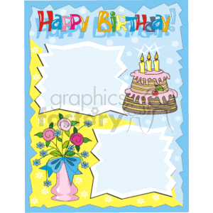 clipart - Happy birthday photo frame with a cake and flowers.
