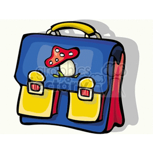 Cartoon blue backpack with yellow pockets and mushrooms  clipart.