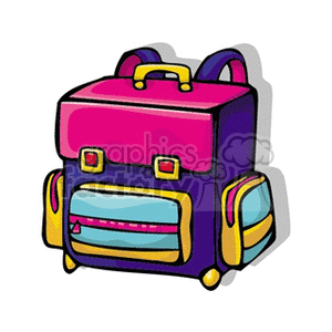 Cartoon purple backpack with blue pockets  clipart.