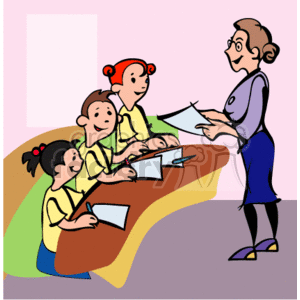 Cartoon classroom with students and a teacher clipart. Royalty-free image # 138679