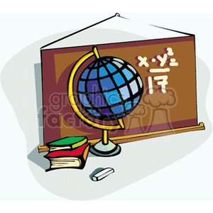 School blackboard with a globe and stack of books clipart.