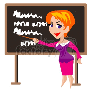 Teacher in front of the class room pointing to the blackboard clipart.