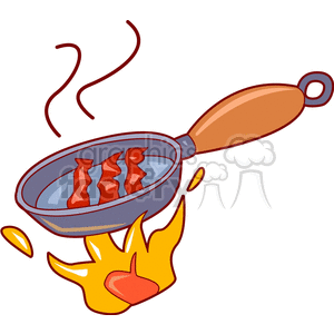 Frying pan with bacon in a fire clipart.