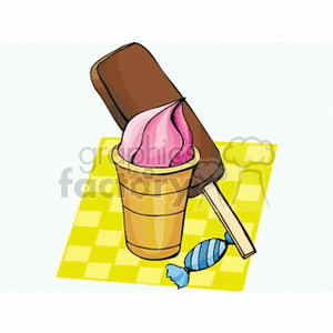 Two Ice Cream Treats on a Yellow and White Checker Board clipart.