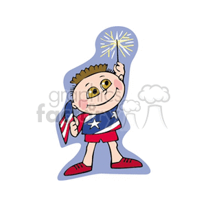 A little boy dressed in stars and stripes waving a flag and a sparkler clipart.