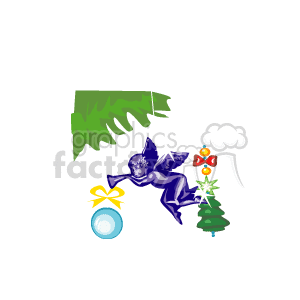 This clipart image features items related to Christmas decoration. There's a sprig of holly, a purple angel ornament with stars, a blue Christmas bulb, and a small Christmas tree decorated with red and yellow ornaments and a gold bow.
