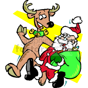 Santa Claus Walking and Laughing with One Of his Reindeer clipart.