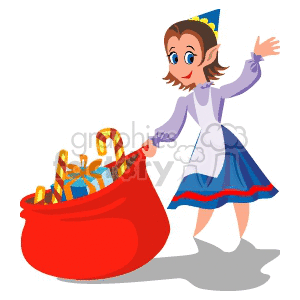 Girl Elf Pulling Santa's Bag of Gifts clipart. Royalty-free image # 143464