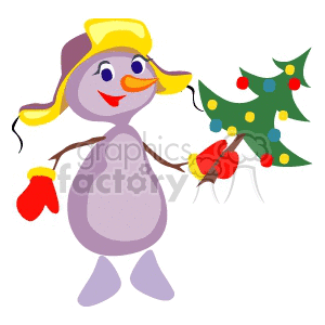 clipart - Snowman Holding a Decorated Christmas Tree.
